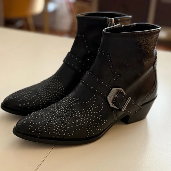 ZARA Black Leather Studded Western Ankle Boots Biker Rock Goth Grunge Booties - Picture 3 of 6